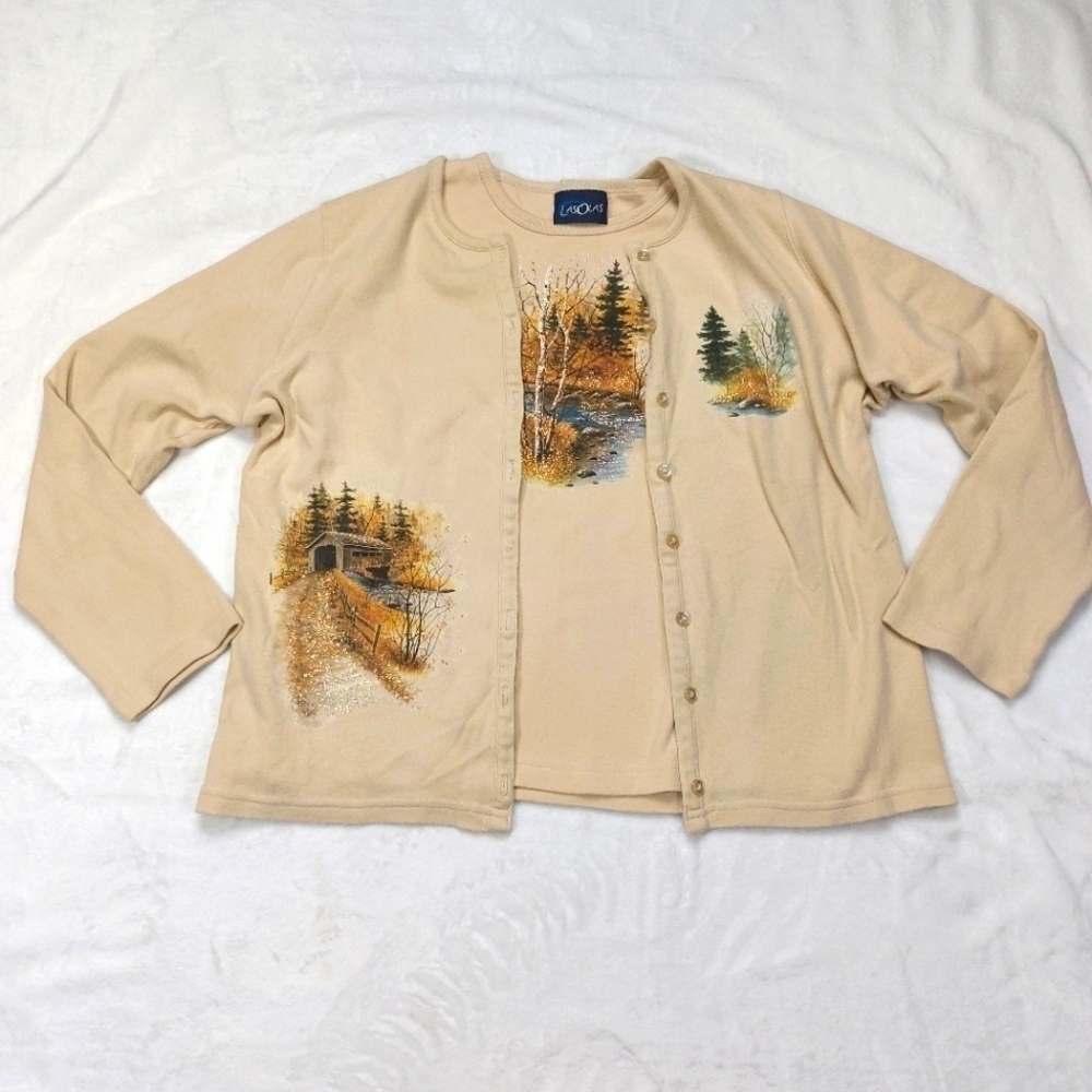 LAS OLAS VINTAGE WOMEN'S AUTUMN SCENE SWEATSHIRT SET T-SHIRT AND CARDIGAN SIZE S